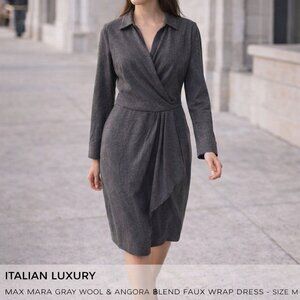 Max Mara Dress Wool Angora Blend Surplice Faux Wrap Classic Gray Long Sleeve